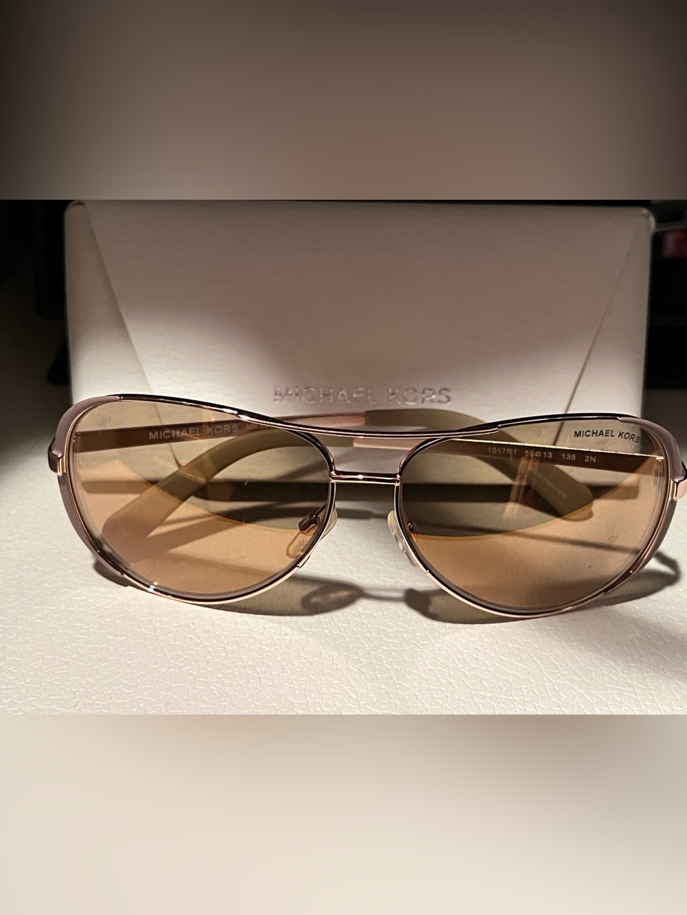 Michael Kors Rose Gold Metal Aviator Sunglasses with Brown Lenses